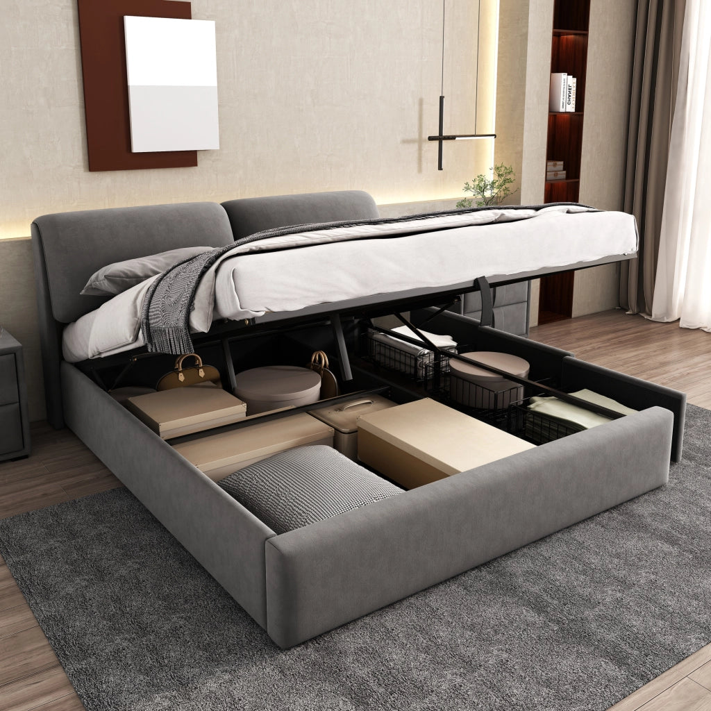 Letto imbottito 160x200 cm in velluto grigio con 3 cassetti