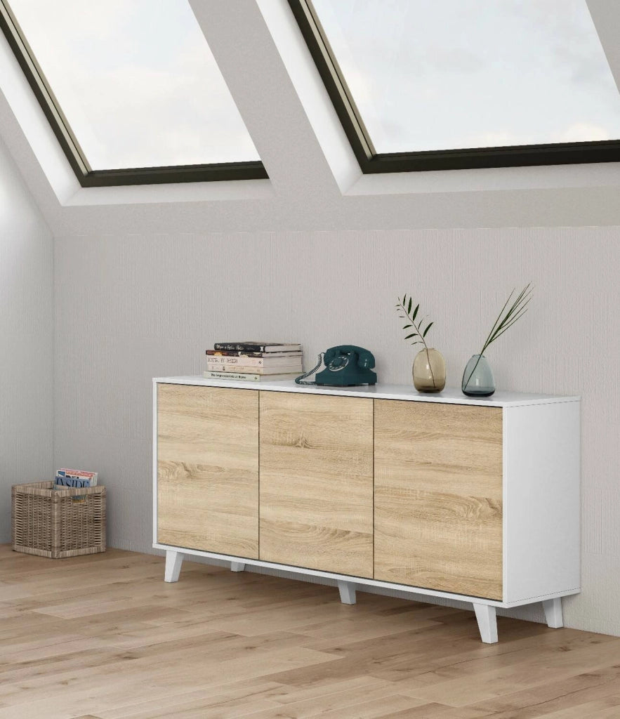 Credenza Acrolorum, Madia moderna a 3 ante e ripiani, Buffet da cucina, Buffet di design da soggiorno, cm 154x40h75, Bianco lucido e Bianco
