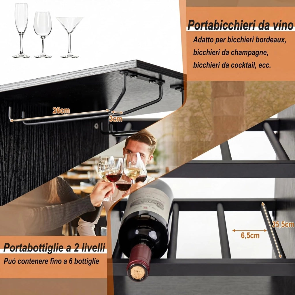 Set 3 Pezzi Tavolo e Sedie da Bar, Tavolo e Sgabelli da Pub Industriale con Porta Calici e 6 Portabottiglie da Vino, Set di Tavolo per Sala da Pranzo, Ristorante e Bar (Nero)