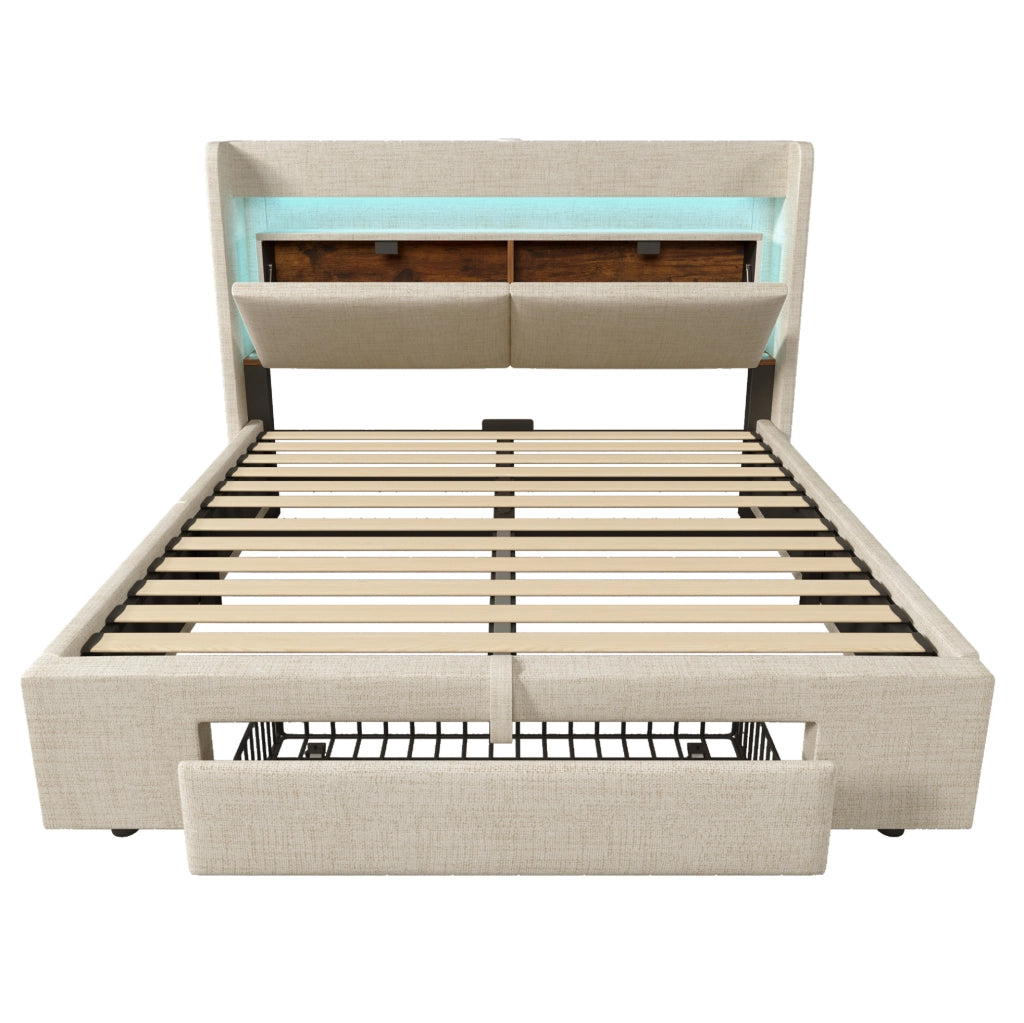 Letto matrimoniale 160x200 cm con contenitore idraulico; LED; USB e USB-C; lino beige