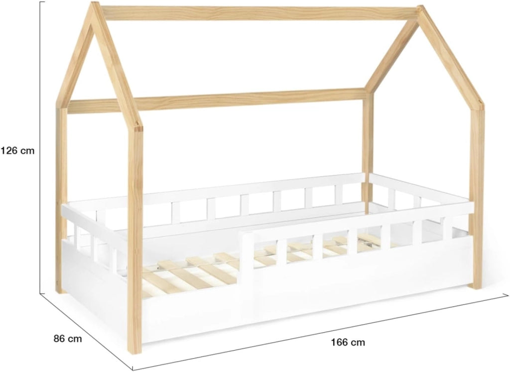 Cama camarote infantil 80 x 160 CM NEREE blanco y haya con somier y barandillas