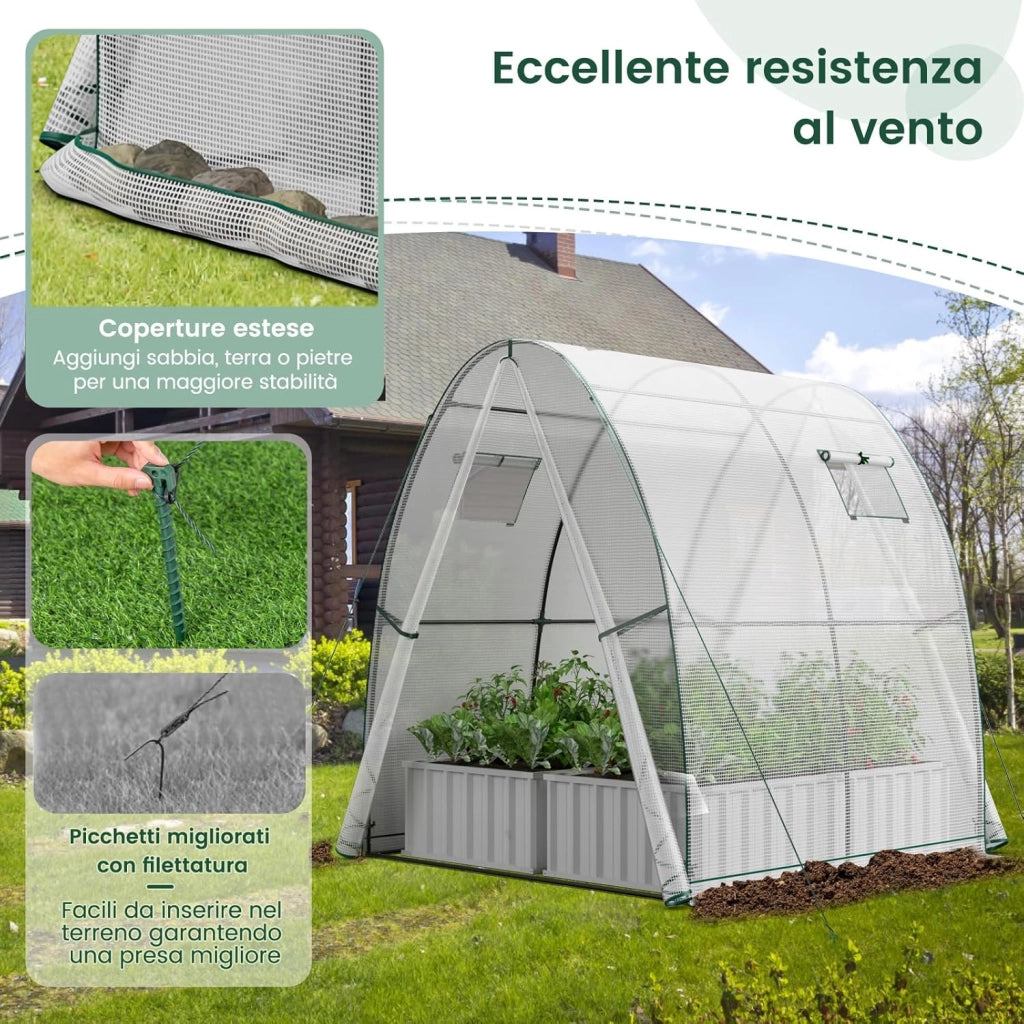 Serra da Giardino 181 x 181 x 200 CM, Serra a Tunnel da Esterno con 2 Porte con Zip, 2 Finestre, Copertura in PE Impermeabile e Tasche Laterali, Serra Invernale per Giardino (Bianco)