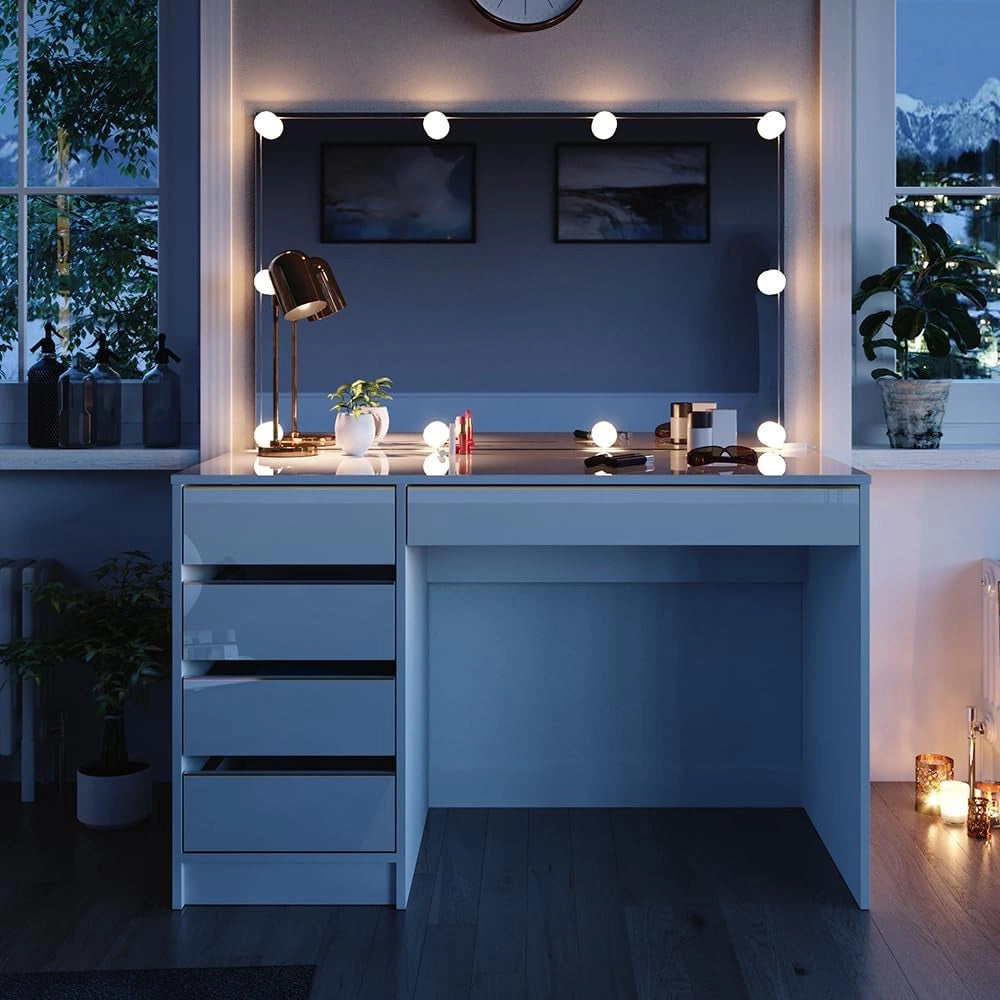 Tavolo da toilette Sherry, Bianco/Oro, 120 cm con illuminazione a LED, con illuminazione LED e grande specchio rettangolare