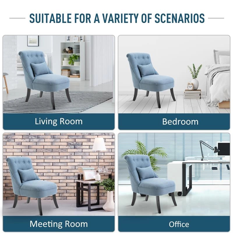POLTRONA PER SALOTTO IMBOTTITA CON CUSCINO IN TESSUTO EFFETTO LINO E LEGNO 52.5X69X77 CM BLU