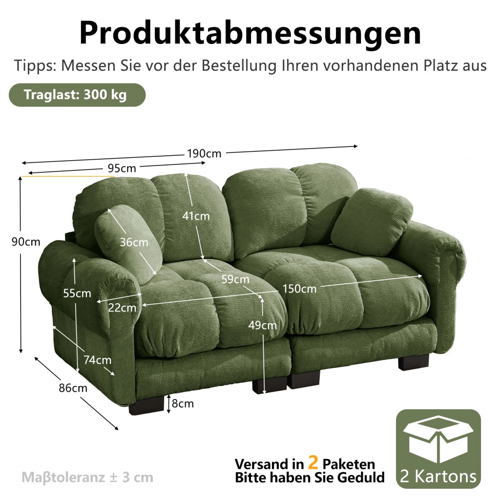 Divano modulare a 2 posti in ciniglia con cuscini spessi schienale ergonomico e cuscino lombare per soggiorno verde