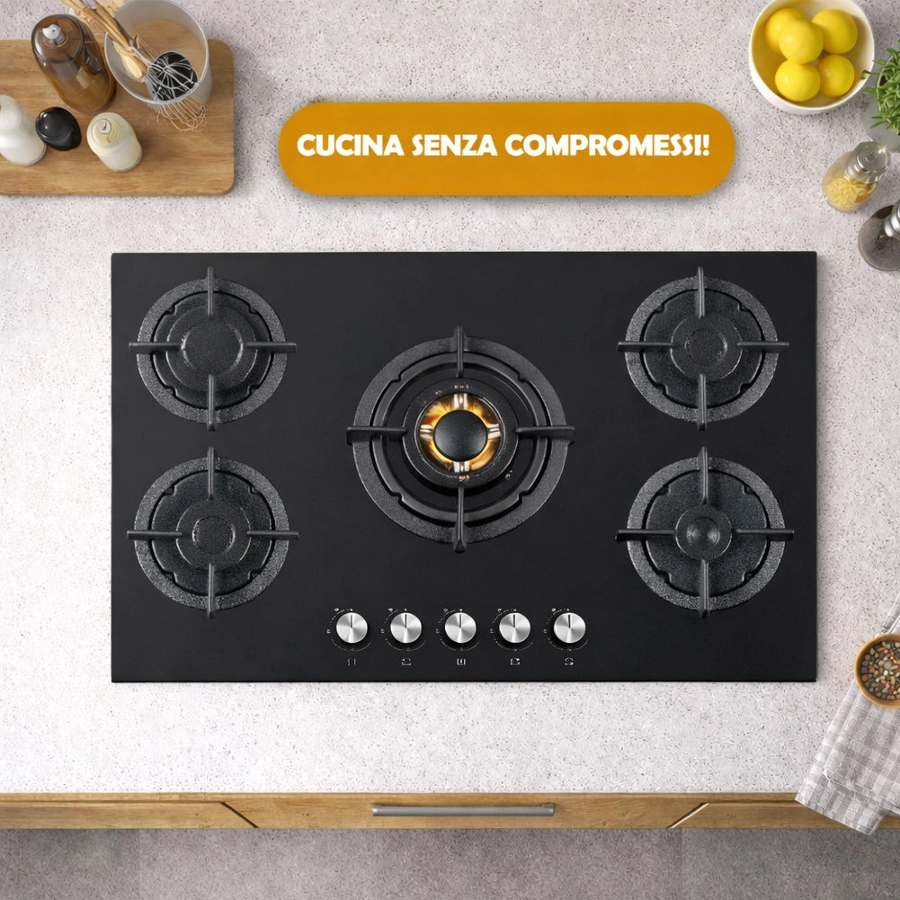 Piano Cottura a Incasso a Gas 5 Fuochi Vetroceramica Nero 90cm Valvola Sicurezza