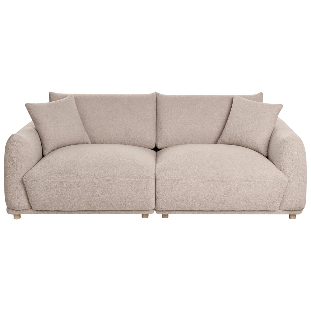 Set divano 5 posti in bouclé beige con cuscini decorativi, poltrone e gambe in legno Divano moderno per soggiorno