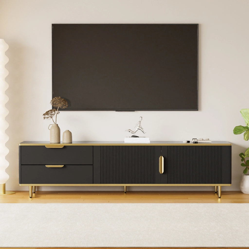 Mobile porta TV con 2 cassetti e ante; MDF e truciolare; 170 cm; nero e oro