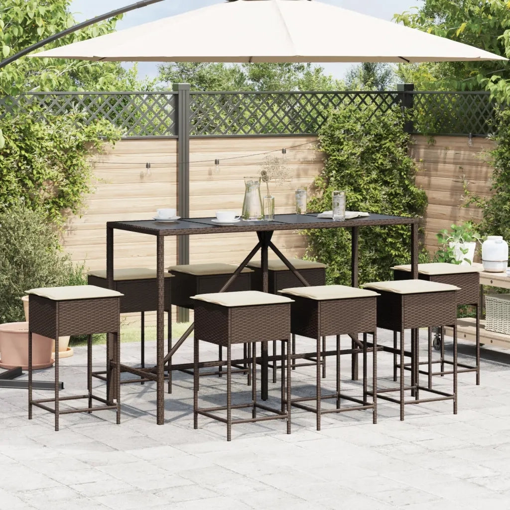 vidaXL Set Bar da Giardino 9 pz con Cuscini in Polyrattan Marrone