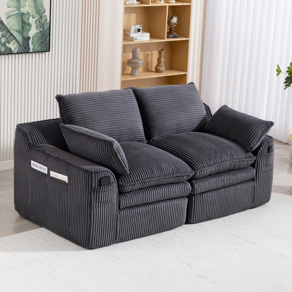 DIVANO 2 posti 191x94x85 cm in corduroy grigio scuro con cuscini e tasche laterali