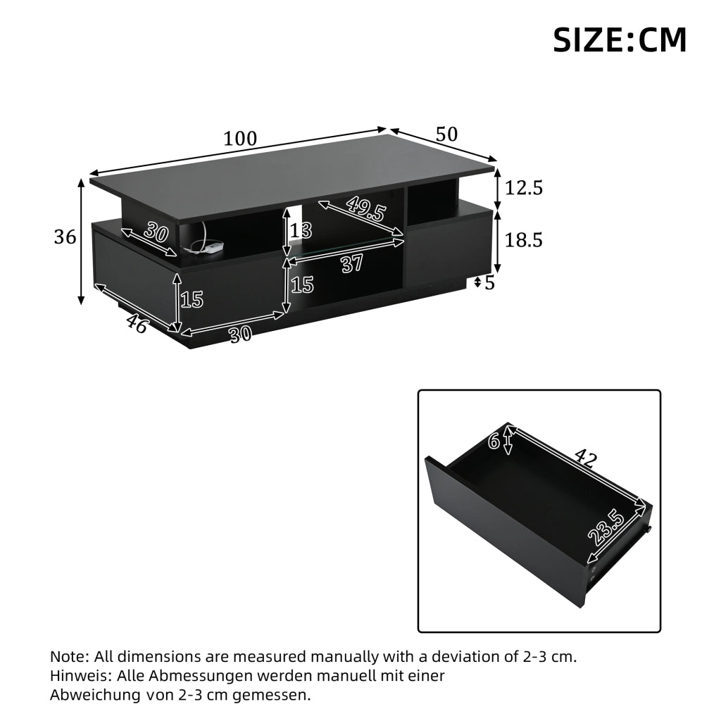Tavolino da caffè 100x50x36 cm con LED e 2 cassetti in truciolato nero