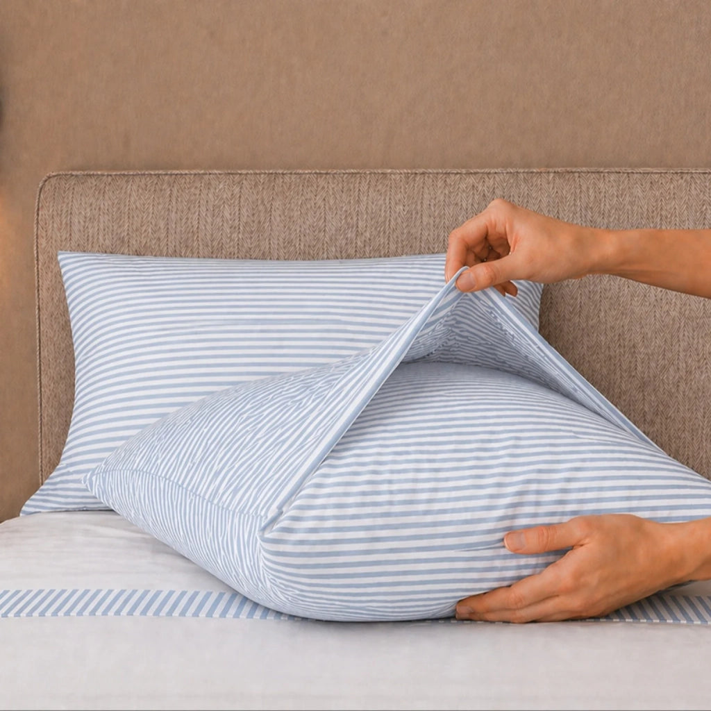 Set Lenzuola Letto Una Piazza e Mezza in Puro Cotone | Completo Letto 1 Piazza e Mezza | Lenzuolo con angoli, Lenzuolo Piano e 1 Federa | Lenzuola in Cotone con Balza a Righe Celeste