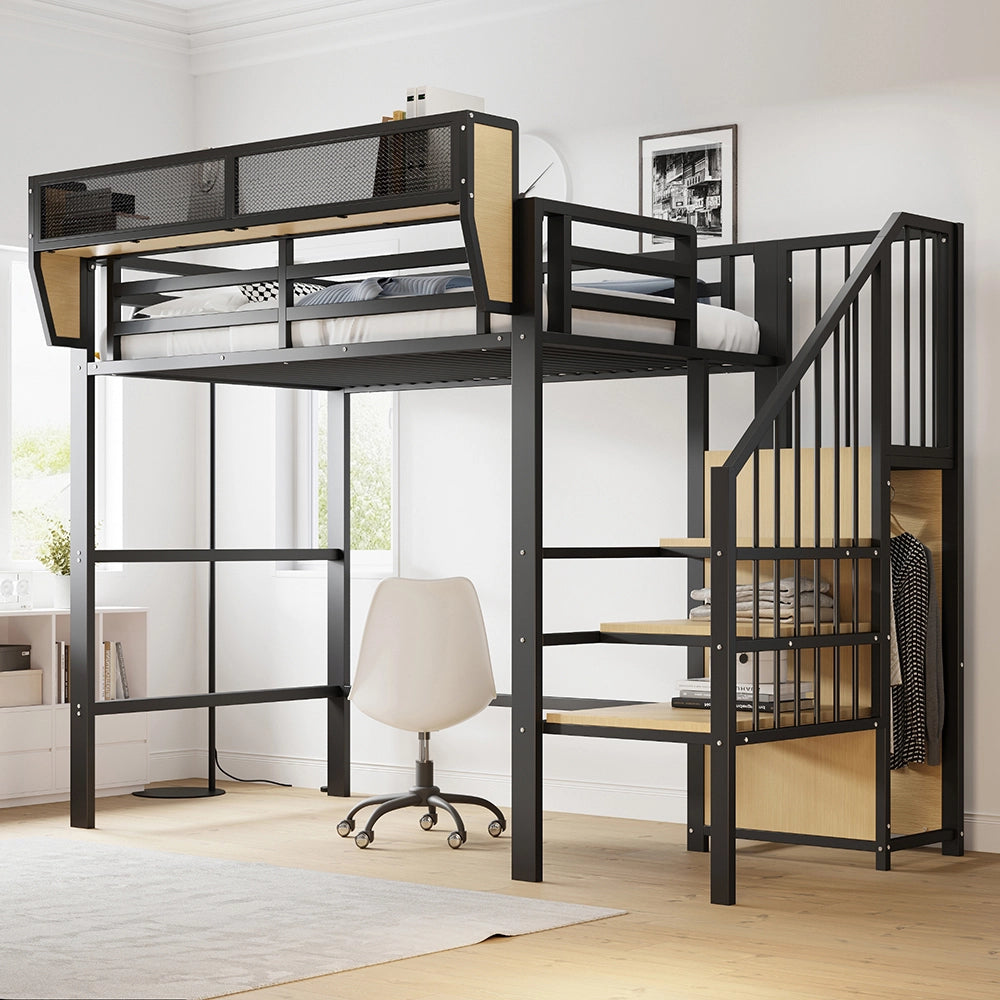Letto a Castello 90x200 – Xylo – Metallo per Adulti/Bambini, Scala Sicurezza, Ripostiglio Flessibile, Nero
