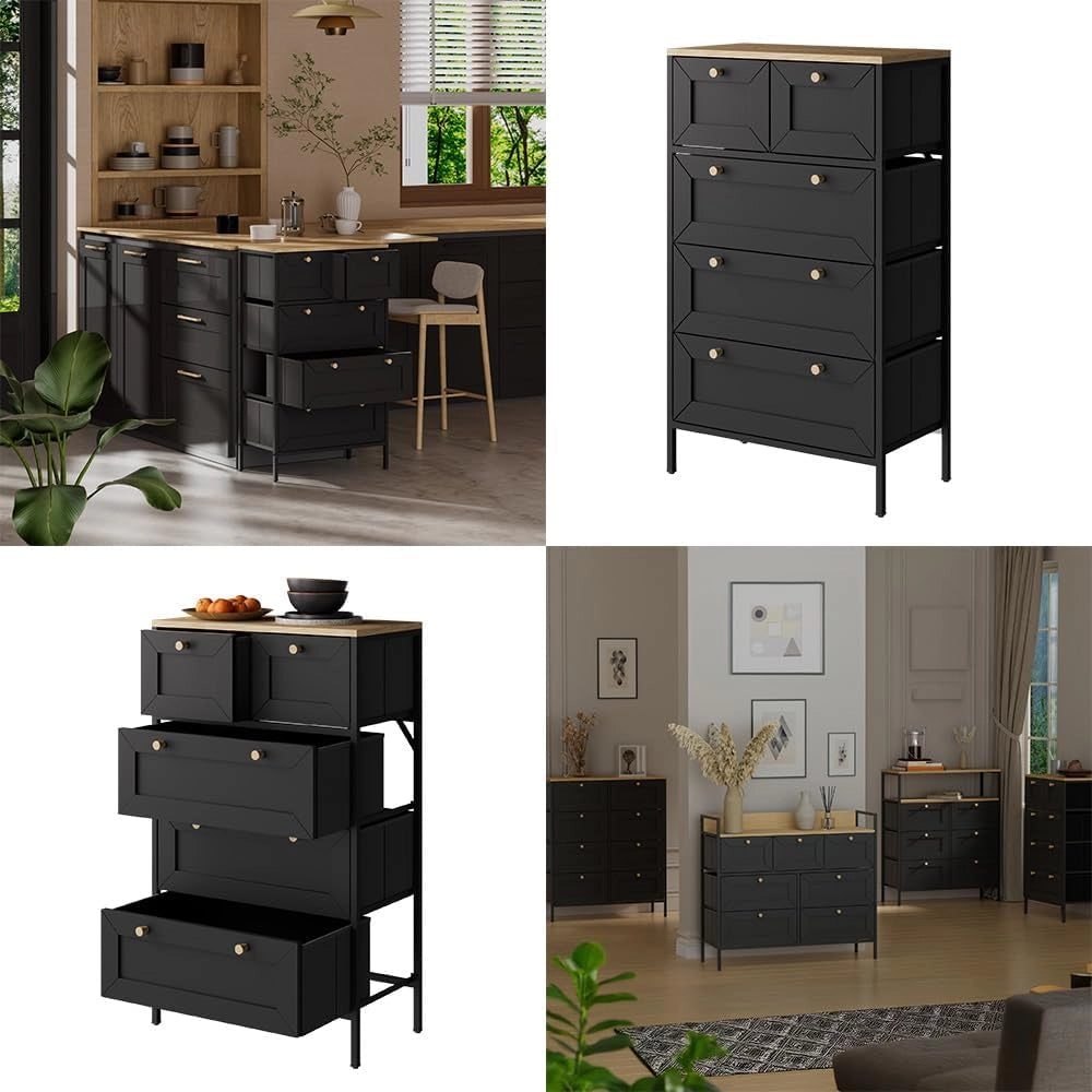 Cassettiera Belaro, Nero, 56 x 95 cm con 5 cassetti, adatto per riporre abbigliamento e accessori
