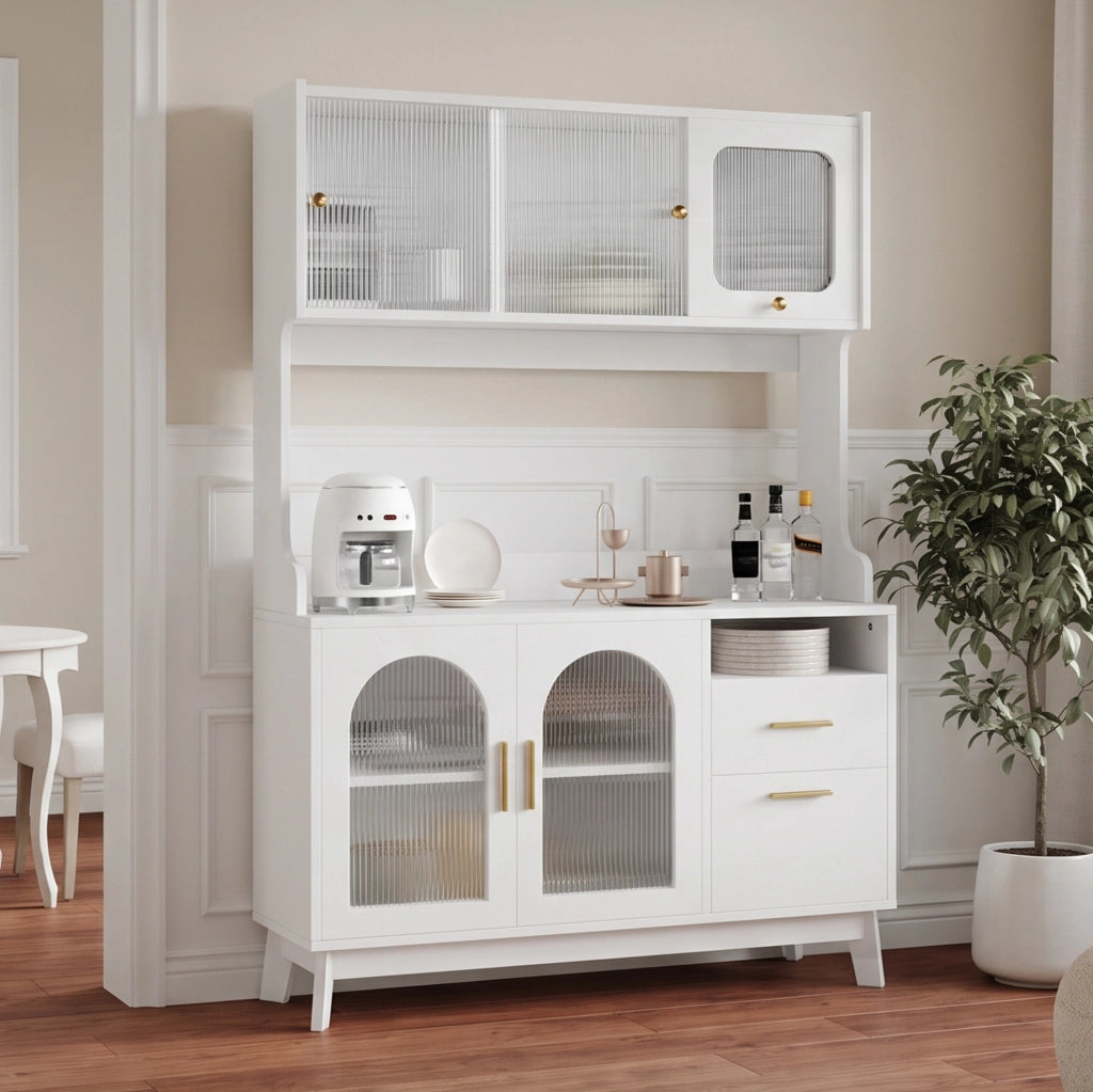 Credenza alta 120x40x178 cm in truciolare bianco con prese integrate USB-A e USB-C