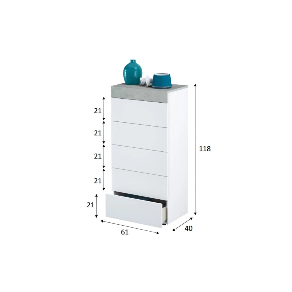 Cassettiera Armo, Settimanale a 5 cassetti, Mobile ComÒ² per camera da letto, ComÒ² moderno, cm 61x40h118, Bianco