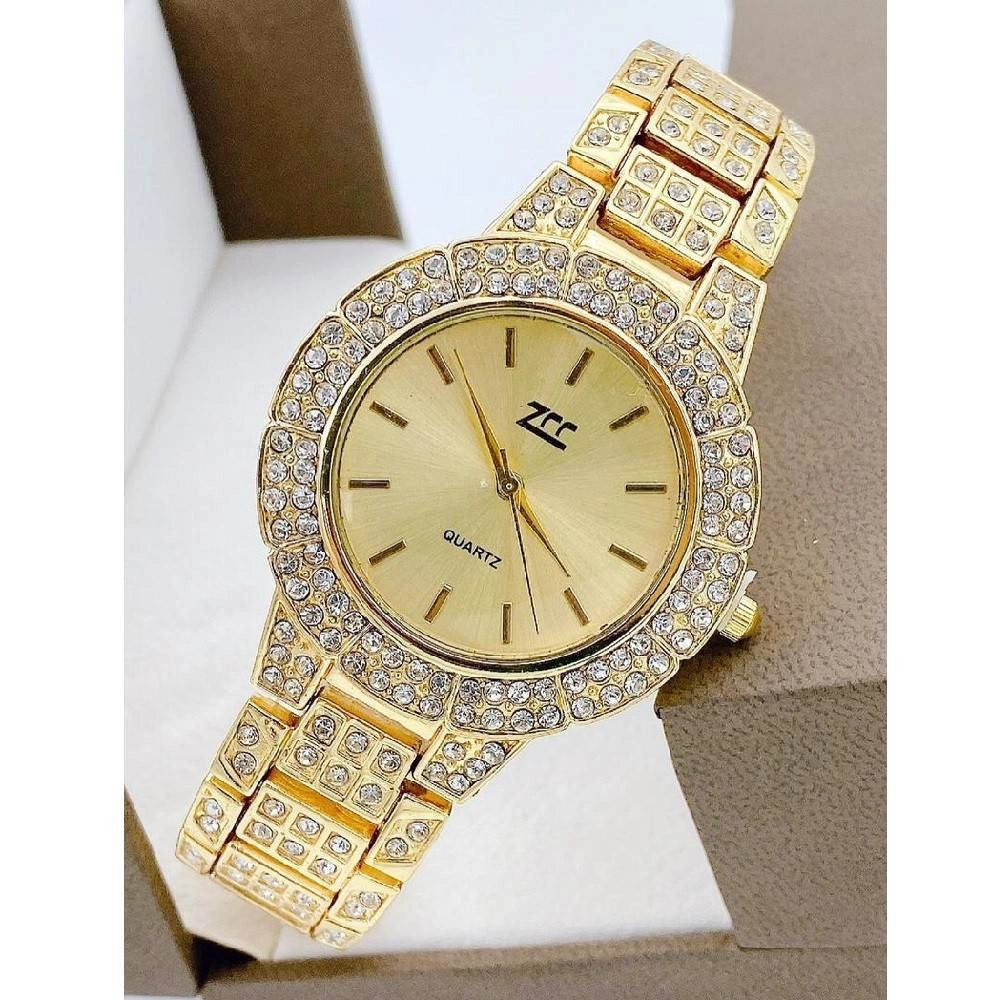 Trade Shop - Orologio Polso Zcc Donna Quarzo Acciaio Moda Brillantinato Dorato Fondo Oro -