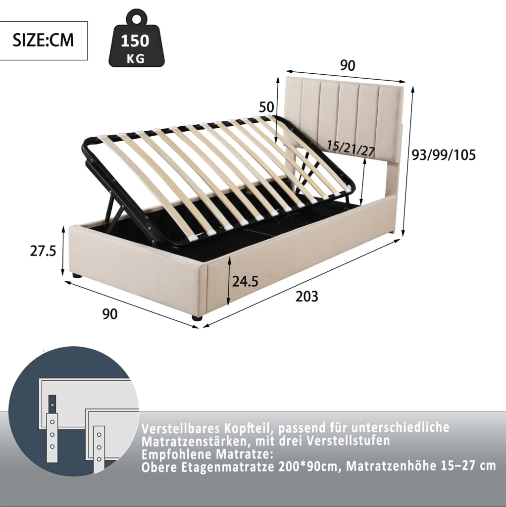 Letto imbottito per bambini 90x200 cm con contenitore idraulico; lino beige
