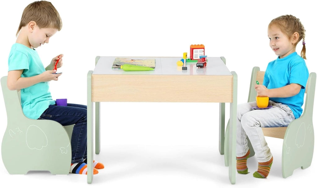 3 in 1 Set Tavolo e Sedie per Bambini, Tavolo da Attività per Bambini con 2 Sedie, Lavagna Rimovibile e Deposito, per Giocare, Disegnare e Leggere, in Legno (Verde)
