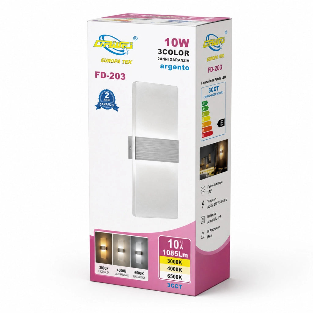 APPLIQUE LED 10W ESTERNO LAMPADA PARETE ARGENTO IP65 3000K 4000K 6000K ET-31701