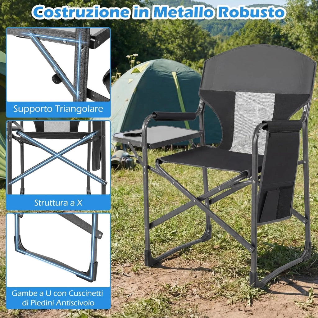 Sedia da Campeggio Pieghevole, Sedia da Regista con Tavolino Laterale, Portabicchieri e Tasca Portaoggetti, Portata 180 kg, Poltrona da Esterno per Spiaggia, Pesca e Picnic (Nero)