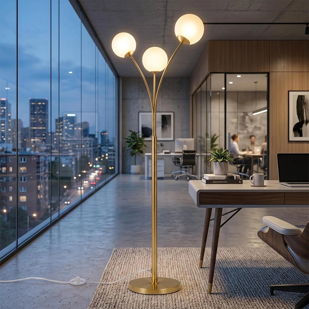 Piantana da Terra a 3 Luci Sfera G9 Lampada di Design per Interni Bronzo con Interruttore a Pedale Luce Salotto Soggiorno 230V