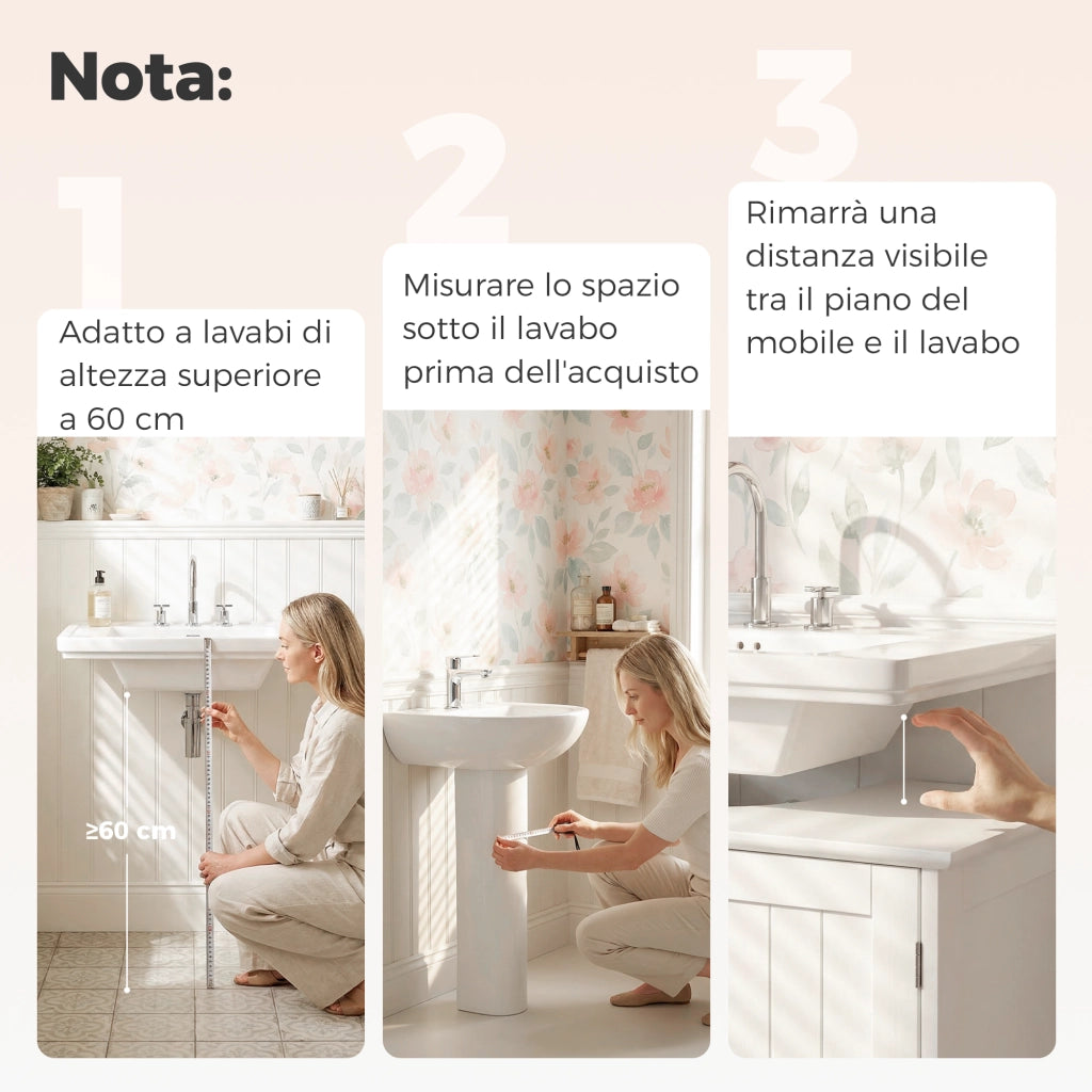 Mobile Sottolavabo a 2 Ante con Ripiano Regolabile e Intaglio a U, 60x30x60 cm, Bianco