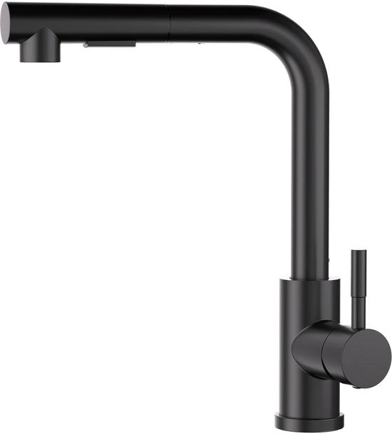 Keukenkraan nera con funzione di doccia estensibile, 2 tipi di getto, maniglia 360° girevole, L-shape con rubinetto estensibile, miscelatore a un solo giro.