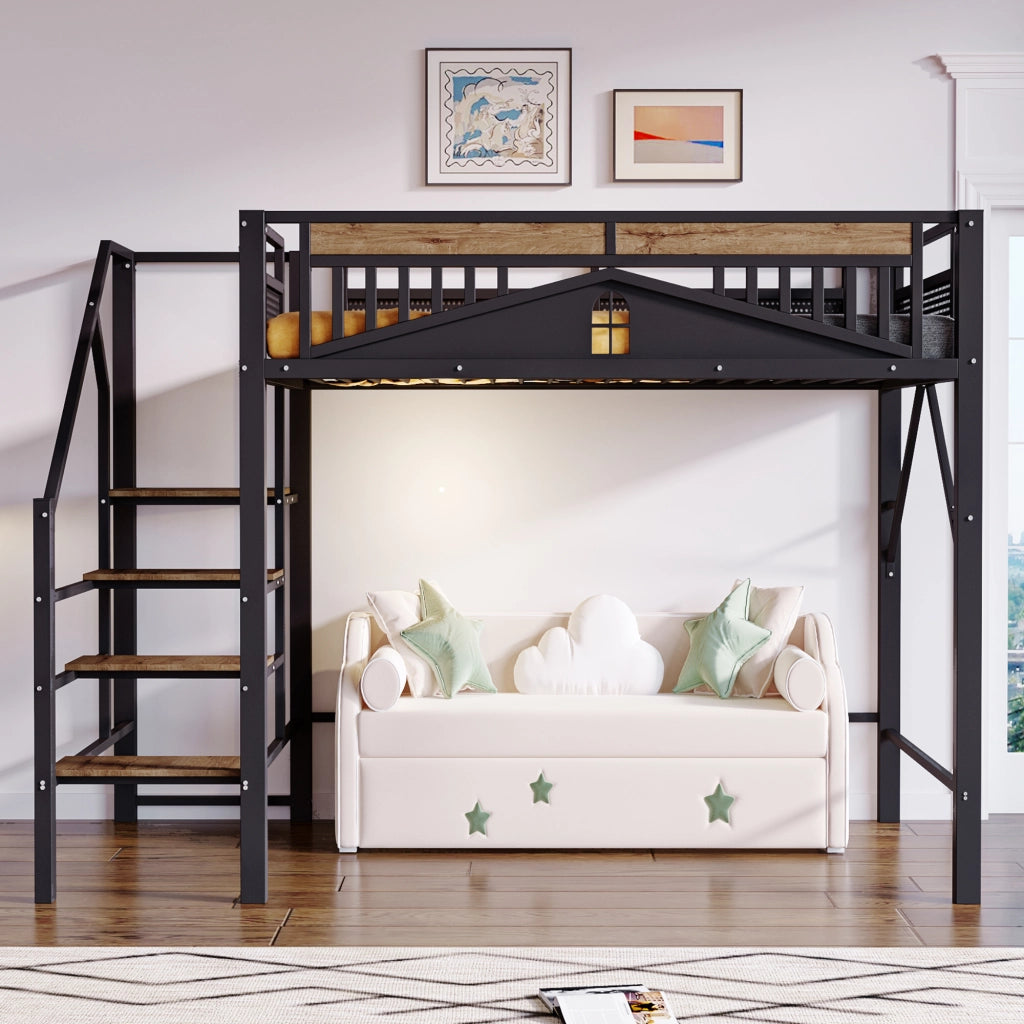 Letto a castello metallo e legno nero con funzione contenitore 140x200 cm