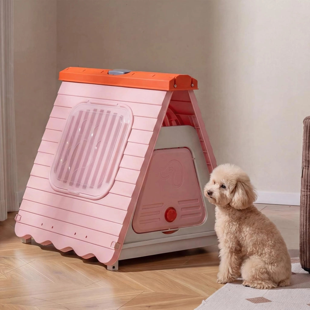 Cuccia Pieghevole per Cani, Casetta in Plastica per Cane con Porta a Battente Bloccabile e Finestre Ventilate, Cucce Impermeabile e Portatile per Cani Piccoli e Medi (Rosa)