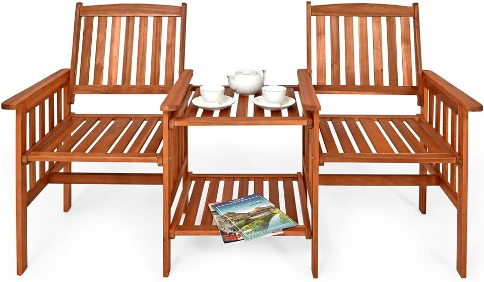 Deuba CASARIA® Panchina da Giardino in Legno Acacia Resistente alle Intemperie con Tavolo Portaoggetti a 2 Posti 320kg 164x63cm Panca da Esterno Terrazza