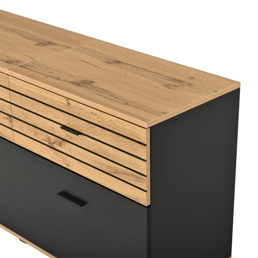 Mobile TV con 3 cassetti e 2 ante a ribalta, 168 cm, per TV fino a 65", colore naturale e nero, con motivo ondulato