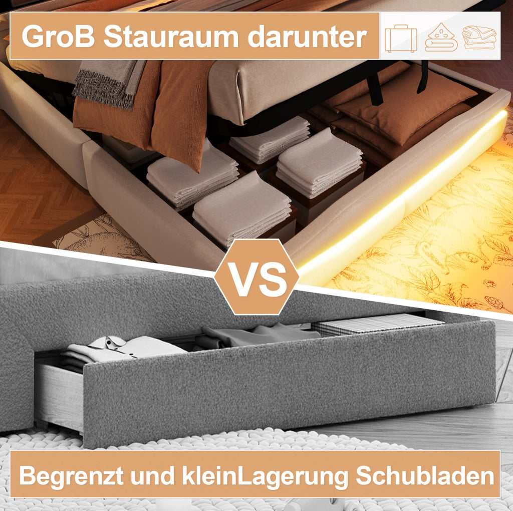 Letto imbottito 160x200 cm beige con vano idraulico e LED