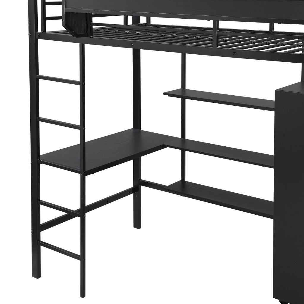 DESMIU Letto a soppalco 1 posto con scrivania, armadio, ripiani e scala a 5 gradini 90 × 200 cm, senza materasso