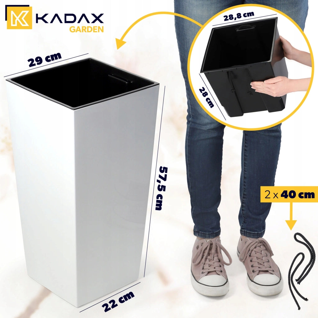 Vaso da giardino KADAX con inserto, 29 x 58 cm di altezza, bianco lucido, per fiori grandi.