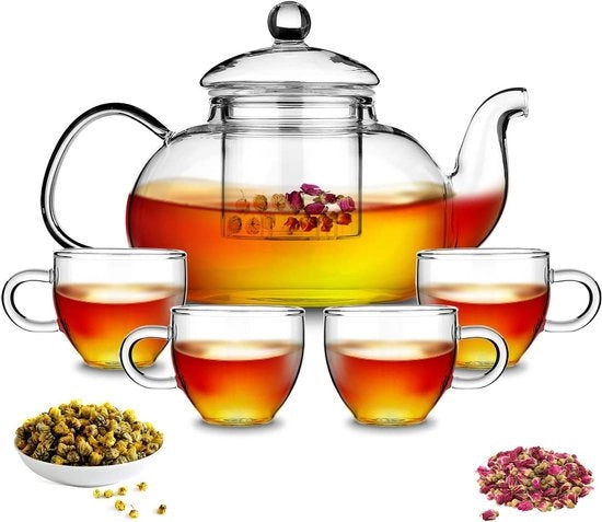 Teapot da 1000ml in vetro con infusore rimovibile - Tisane fiorite con foglie singole - Set di 4 tazze da tè in vetro - Sicuro per piastra e microonde