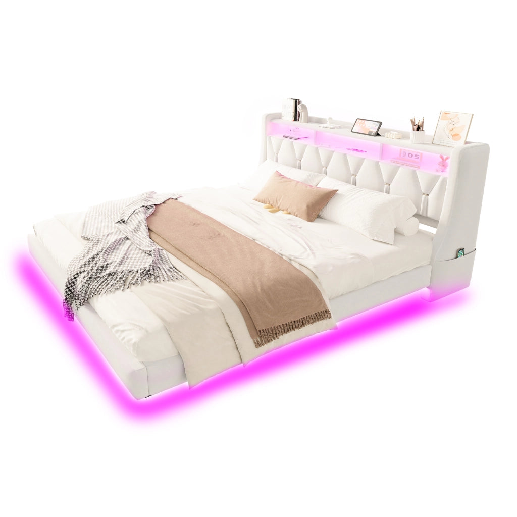 Letto Matrimoniale 180x200 cm con USB; Tipo C; LED; Testiera Contenitore in Velluto Beige