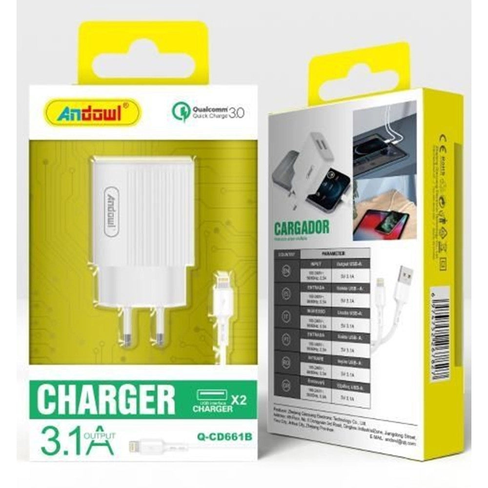 Trade Shop - Caricabatterie Con Doppia Porta Usb Con Cavo Lightning Ricarica Rapida 3.1a Q-cd661b -