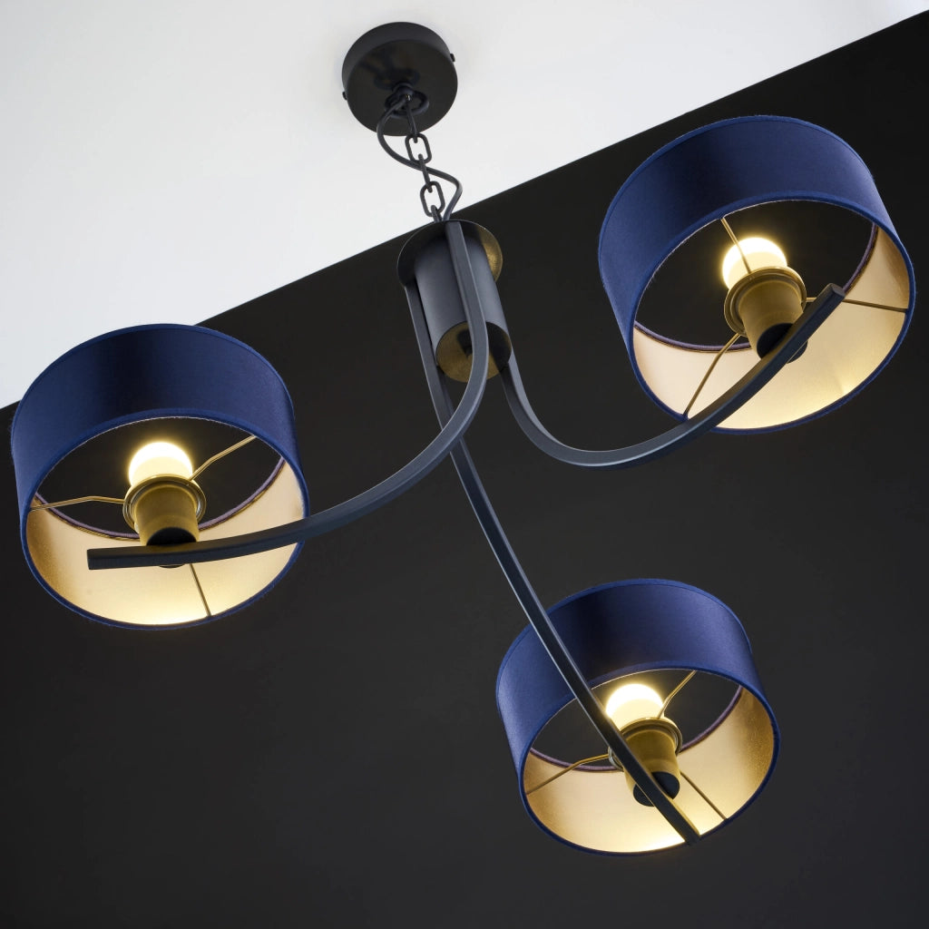 Lampadario nero a catena paralumi blu 3xE27 Arthur Jupiter