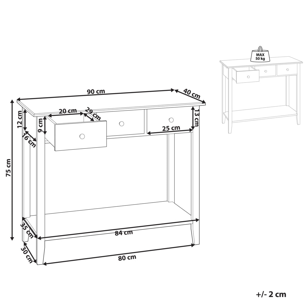 Tavolo Consolle Bianco MDF Gambe Legno 90 x 40 x 75 cm 3 Cassetti Scaffale Corridoio Mobili Soggiorno Stile Moderno