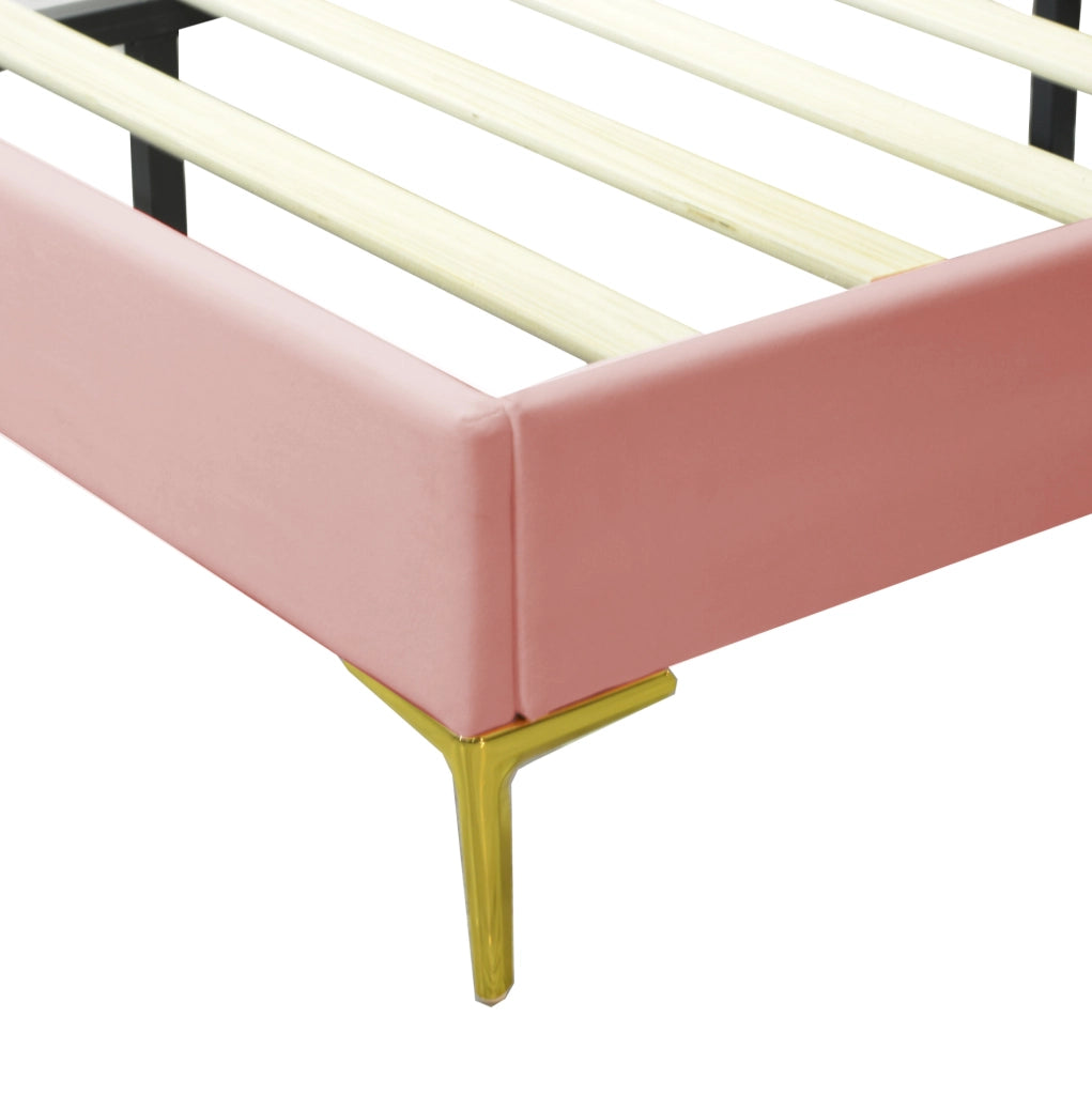 Letto imbottito matrimoniale 140x200 cm con testiera regolabile in velluto rosa e rete a doghe