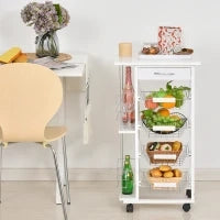 Carrello da Cucina Salvaspazio in Legno Bianco, Portavivande con 1 Piano di Lavoro 1 Cassetto e 4 Cestelli Metallici, 47x37x83cm
