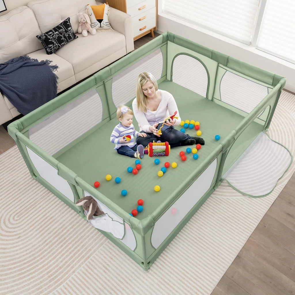 Recinto per Bambini, Box per Neonati con Rete Traspirante, Centro Attività con 50 Palline, Box Giochi per Bambini 0-3 Anni (Verde, 206 x 147 cm)