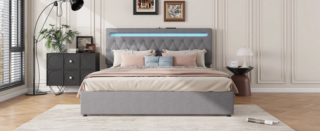 DESMIU Letto contenitore 180 × 200 cm 2 posti con LED regolabile, USB e Type-C, senza materasso, in lino, grigio