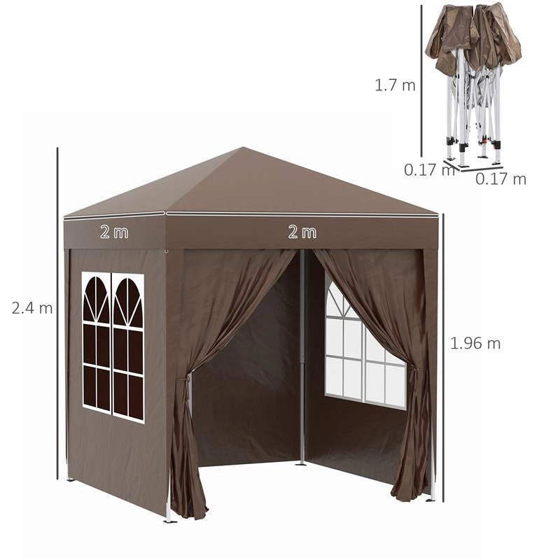 GAZEBO PIEGHEVOLE CON 4 PARETI RIMOVIBILI E BORSA DA TRASPORTO IN METALLO E POLIESTERE 2X2X2.4 M MARRONE