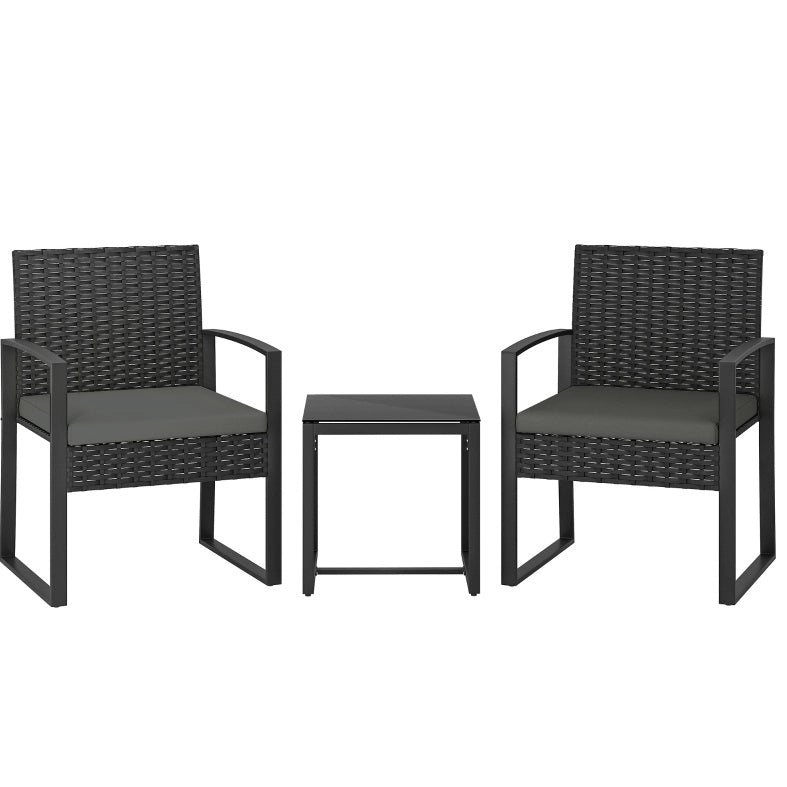 Set da giardino ULEVR 3 pezzi per 2 persone con 2 poltrone, tavolino in vetro temperato e cuscini grigio scuro