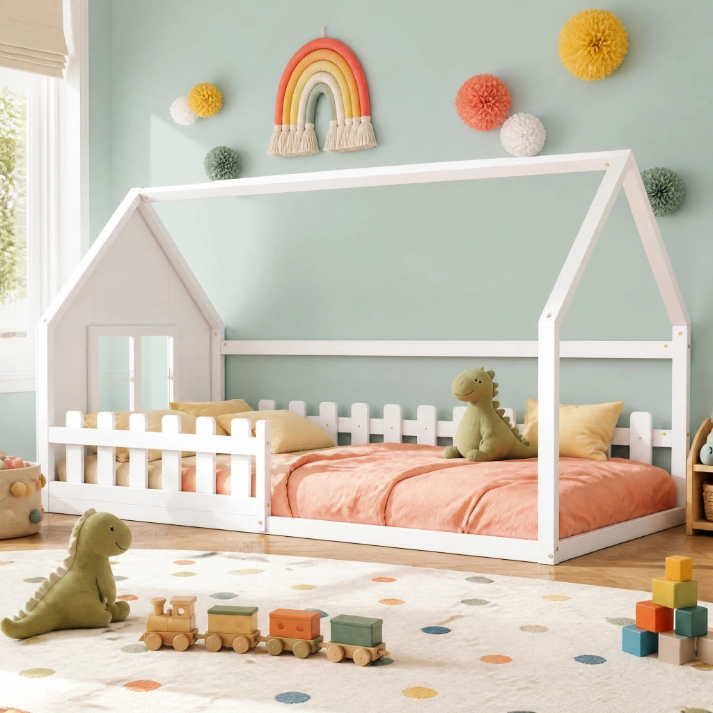 LETTO Bambini a forma di casa 90x200 cm Bianco in pino e MDF