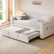 Letto imbottito multifunzione con letto estraibile 90/180x190, velluto beige, Bluetooth, USB e vani