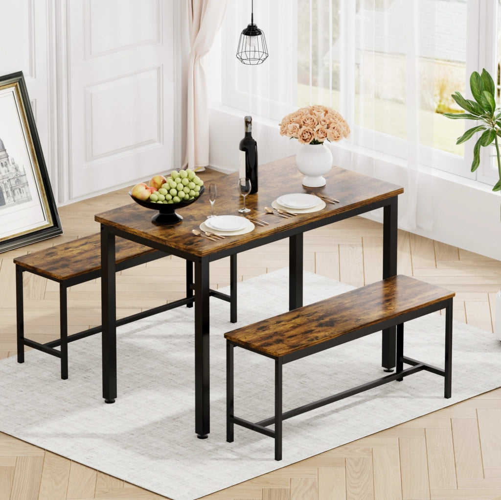 Set tavolo da pranzo ULEVR 110x60 cm con 2 panche per 4 persone, stile industriale marrone rustico e nero
