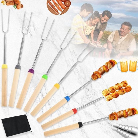 Set di Scopa BBQ Telescopica da 8 pezzi, Scopa per BBQ con Manico in Legno e Denti in Acciaio Inossidabile, Scopa BBQ Estendibile 31-81cm.